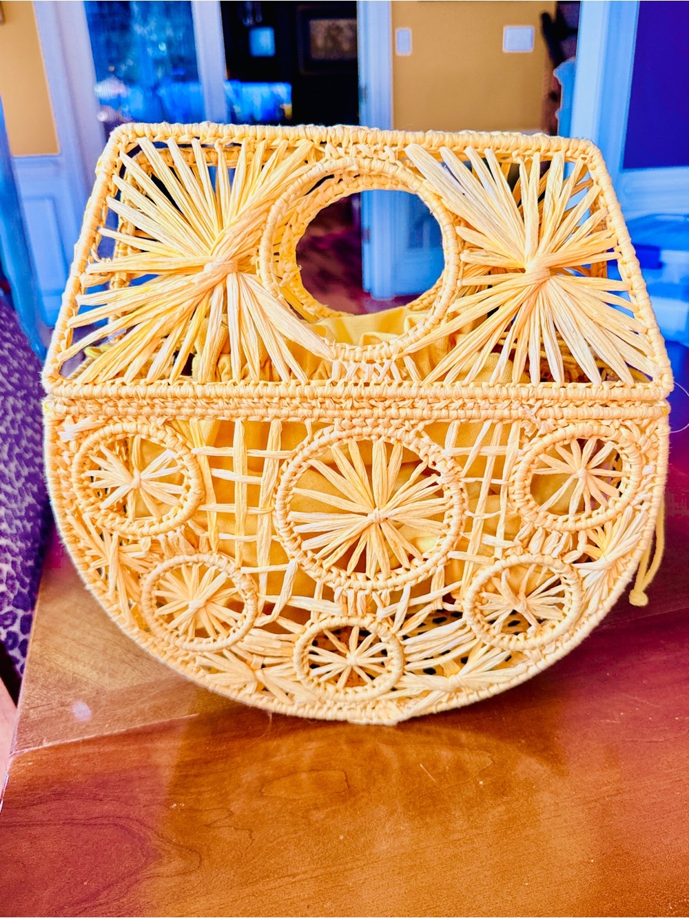 T.J.Maxx Yellow Woven Raffia Circle-Pattern Tote